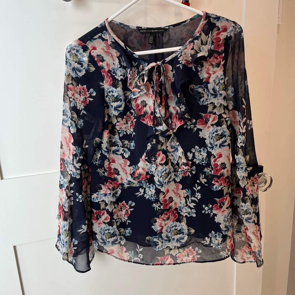 White House Black Market Navy Floral Blouse